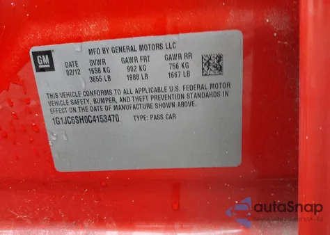 2012 Chevrolet Sonic 2Lt из США, поврежденный, VIN 1G1JC6SH0C4153470